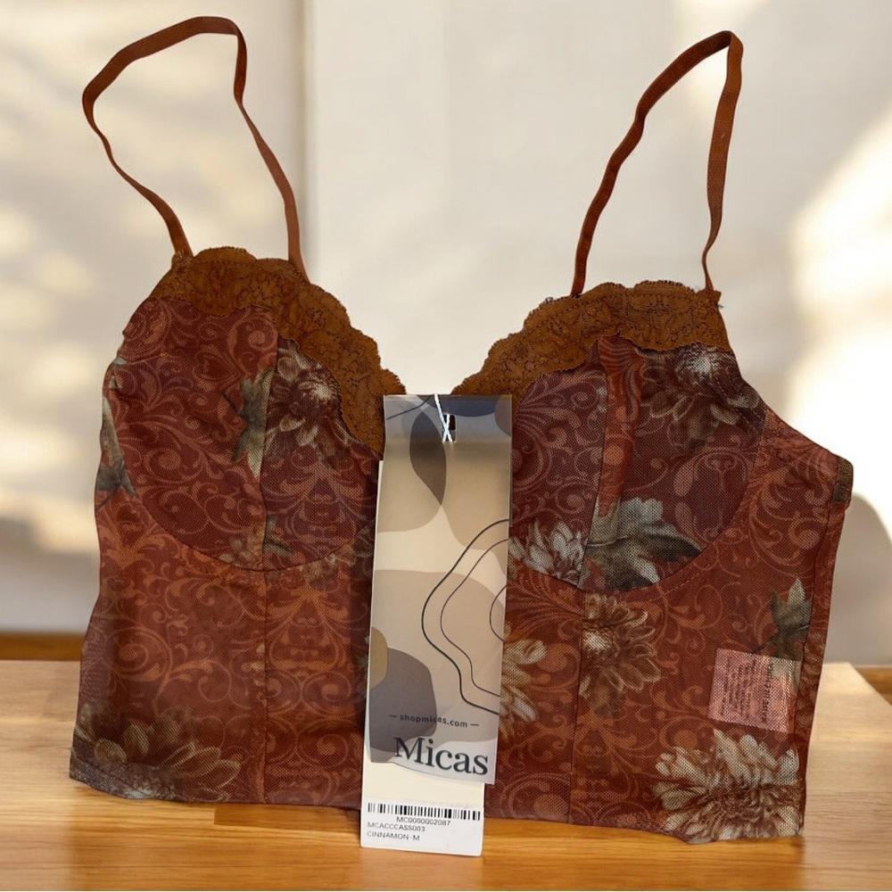 Micas Floral Lace Mesh‎ Corset Crop Top Cinnamon Brown Size Medium NWT